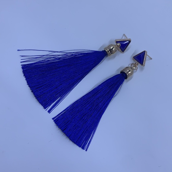 Blue Boho Long Triangle Tassel Drop Earrings - Picture 4 of 5